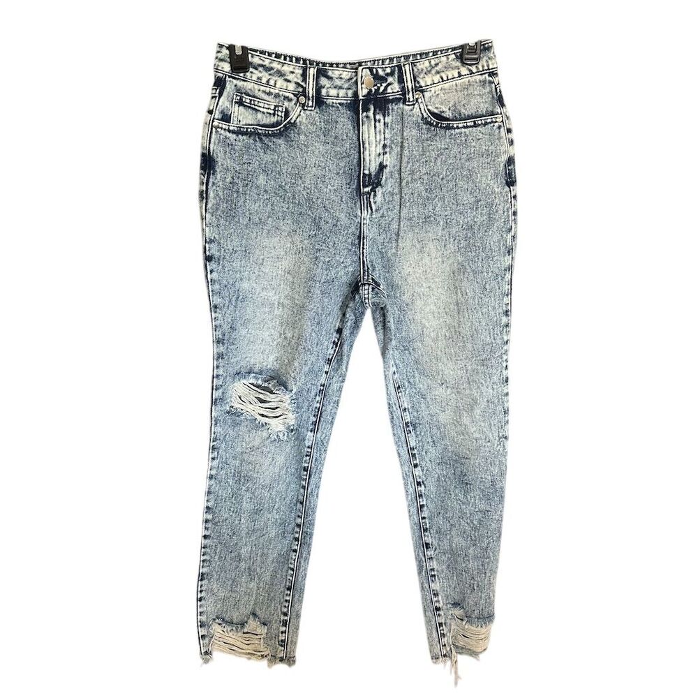Bebe Women's High Waist Distressed Straight Leg Jeans Size 29 Blue